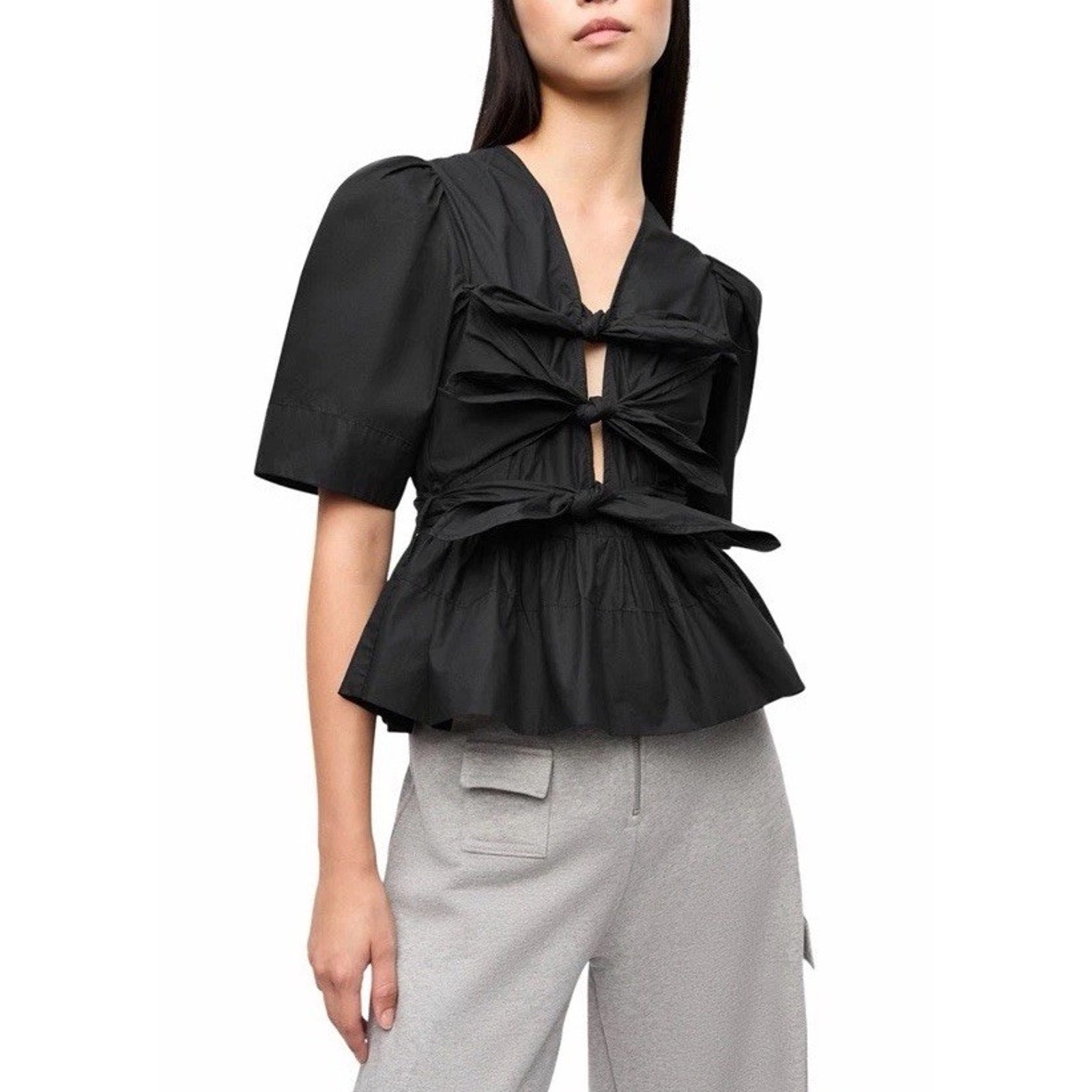 Ganni Black Tie-Front Peplum Blouse